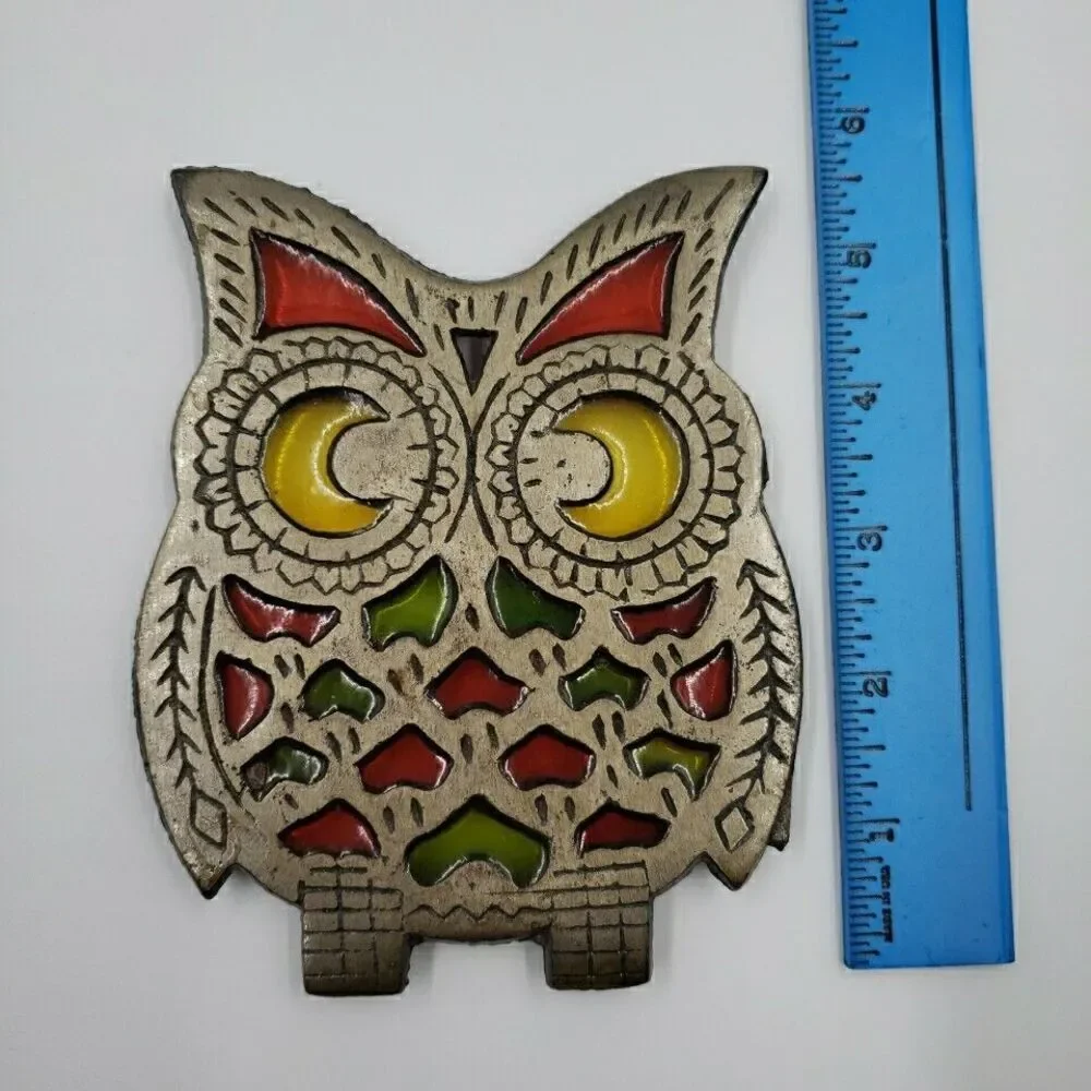 Vtg OWL Trivet Cast Metal Stained Glass Hot Plate Kitchen Kitsch Pot Rest Taiwan